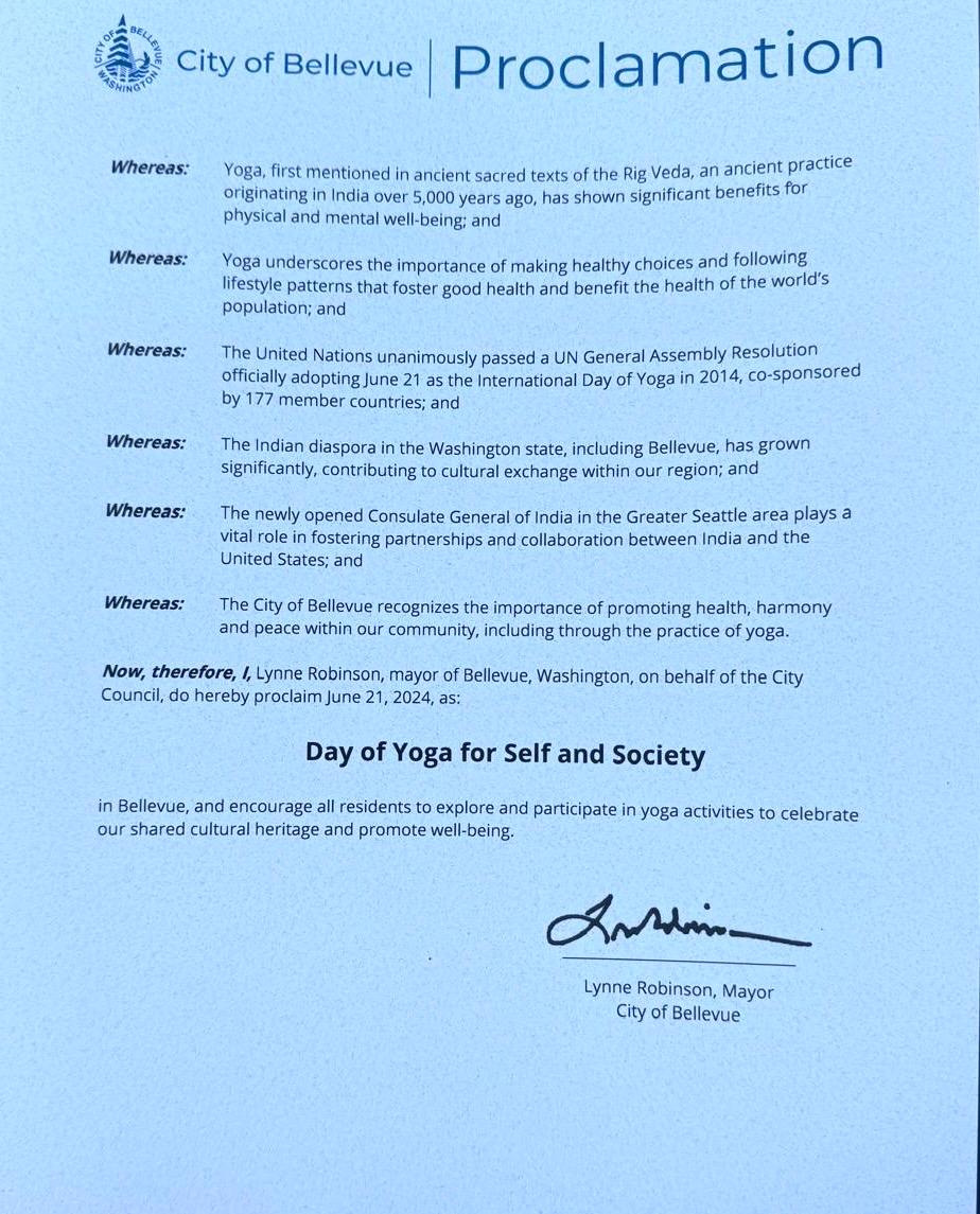 Day of Yoga for Self and Society (June 21, 2024, City of Bellevue)