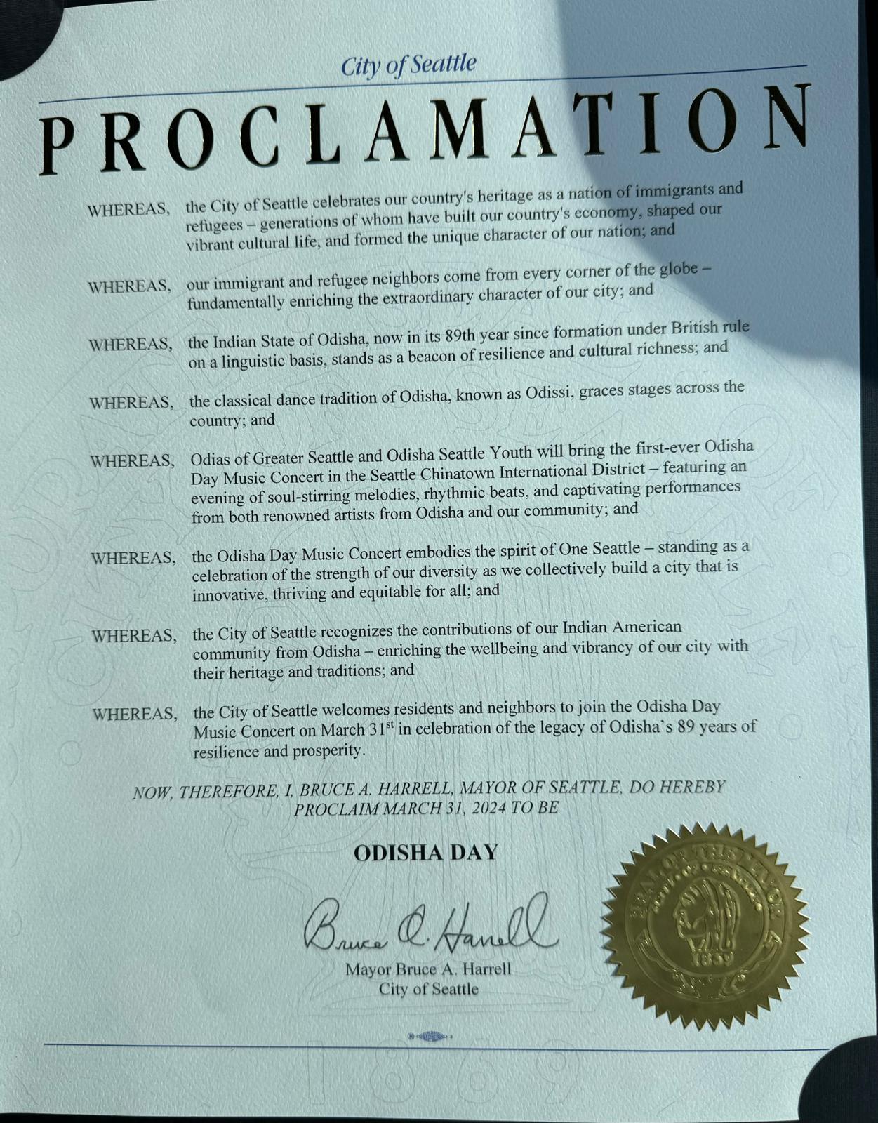 Odisha Day (March 31, 2024, City of Seattle)