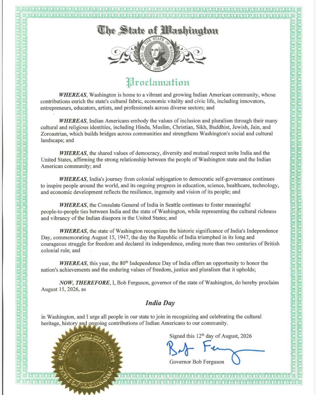 Proclamation Issued to Commemorate the 80th Independence Day of India – 2026 in State of Washington