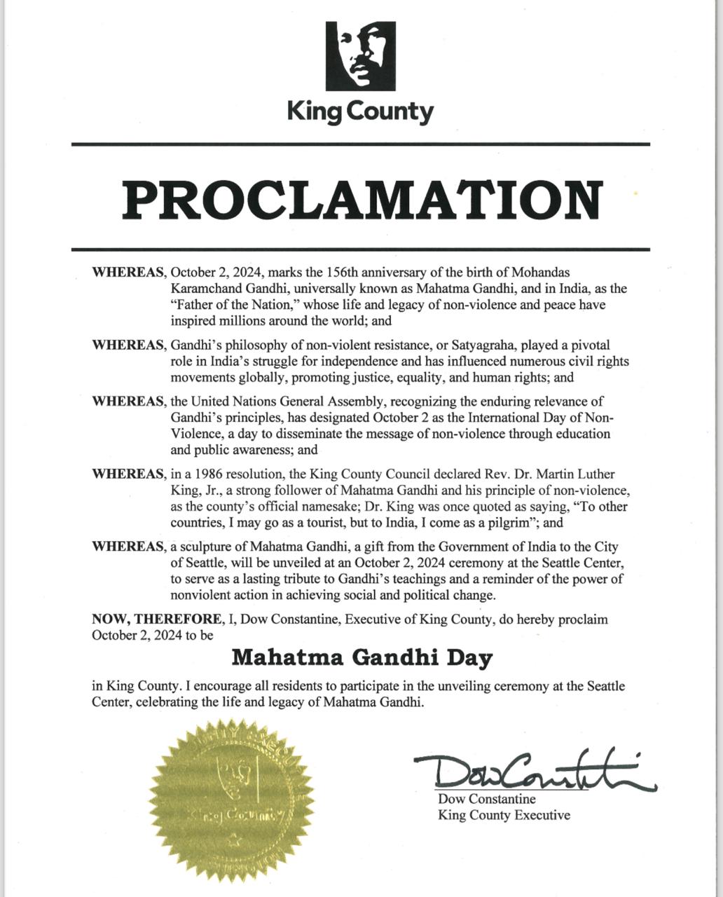 Mahatma Gandhi Day (October 02, 2024, King County)