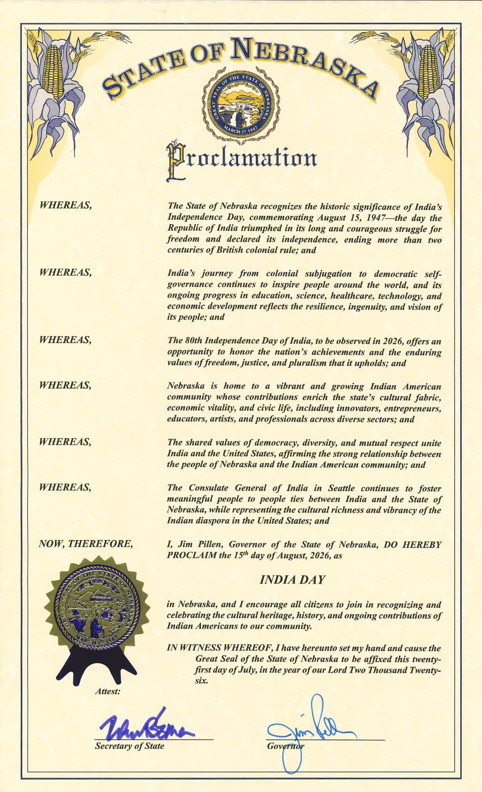 Proclamation Issued to Commemorate the 80th Independence Day of India as ‘India Day’ - in State of Nebraska