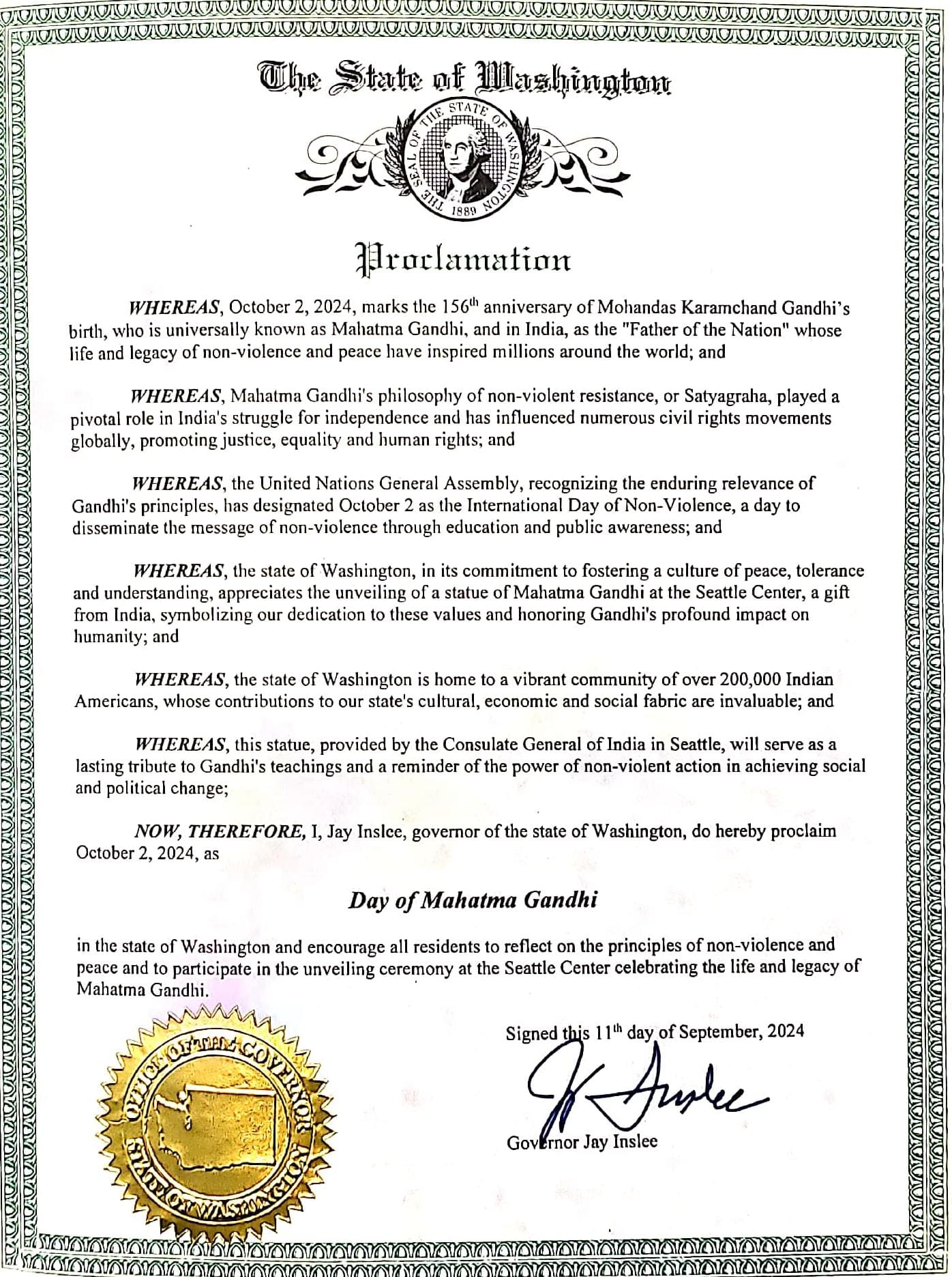 Day of Mahatma Gandhi  (October 02, 2024, The State of Washington)