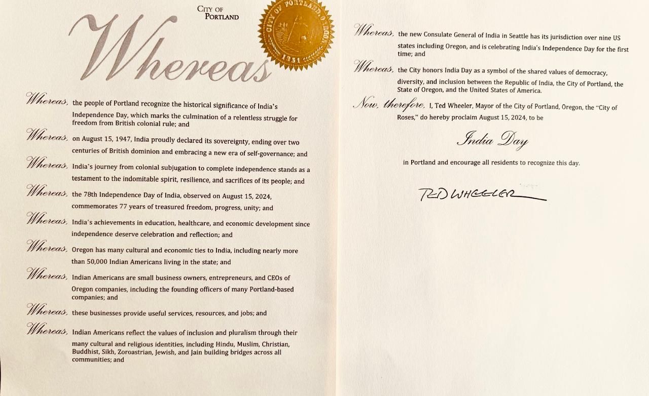  India Day Proclamation issued by the City of Portland honoring the 78th Independence Day of India on 15 August 2024 (9 August 2024, Portland).