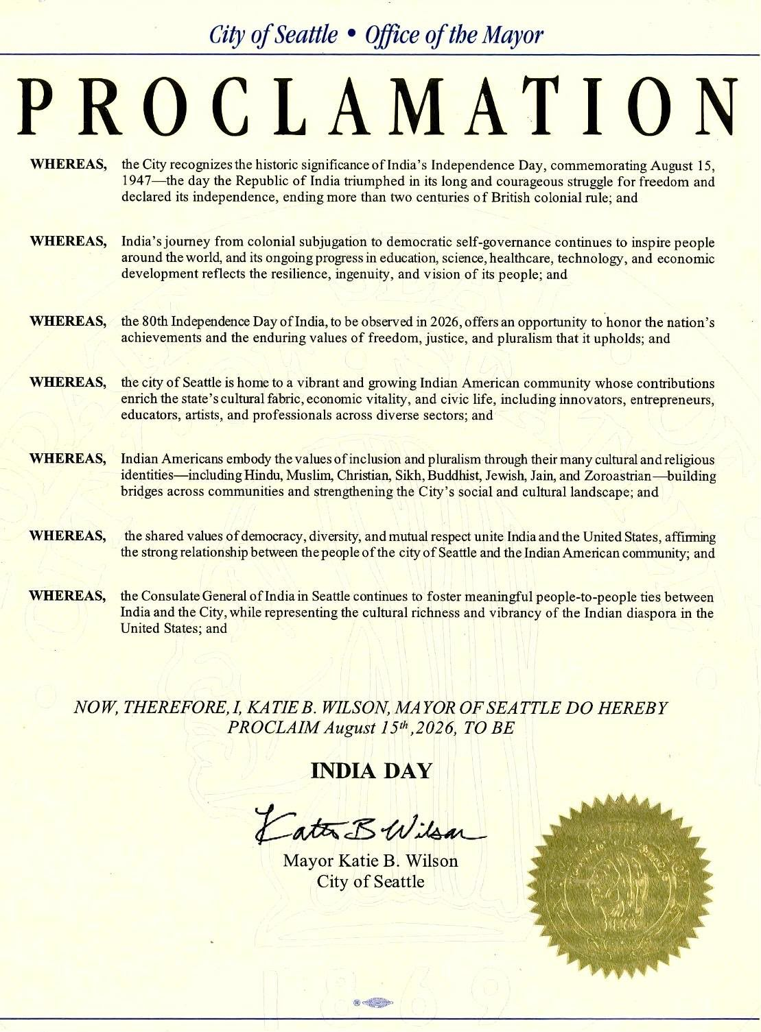 Proclamation Issued to Commemorate the 80th Independence Day of India as ‘India Day’– in City of Seattle