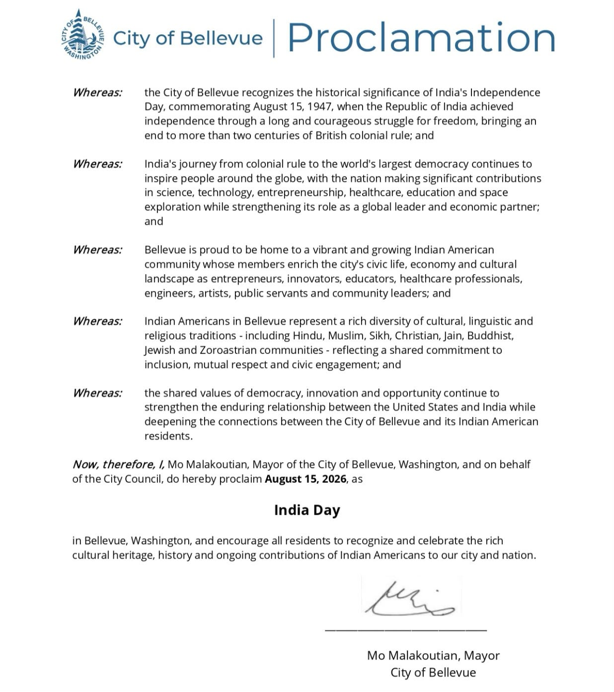 Proclamation Issued to Commemorate the 80th Independence Day of India as ‘India Day’– in City of Bellevue