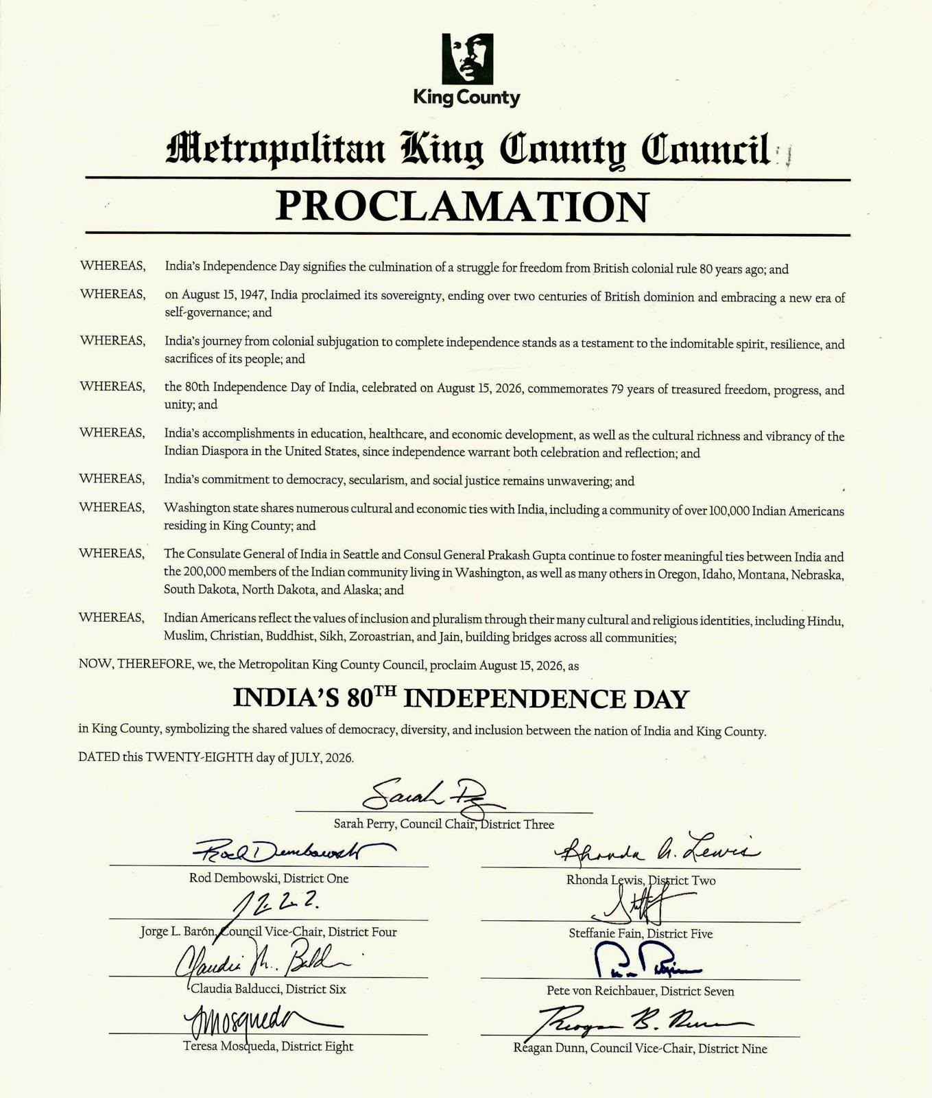 Proclamation issued to Commemorate the 80th Independence Day of India -2026 in King County