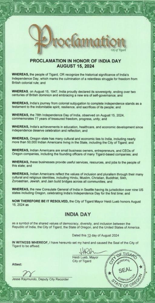 India Day (August 15, 2024, City of Tigard, Oregon)
