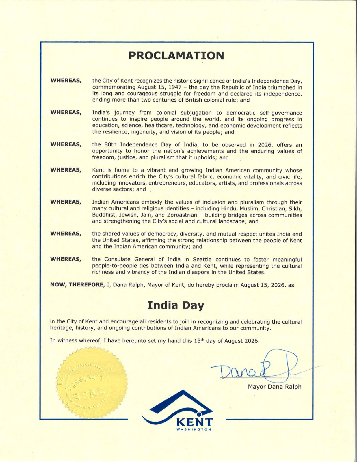 Proclamation Issued to Commemorate the 80th Independence Day of India as ‘India Day’– in City of Kent