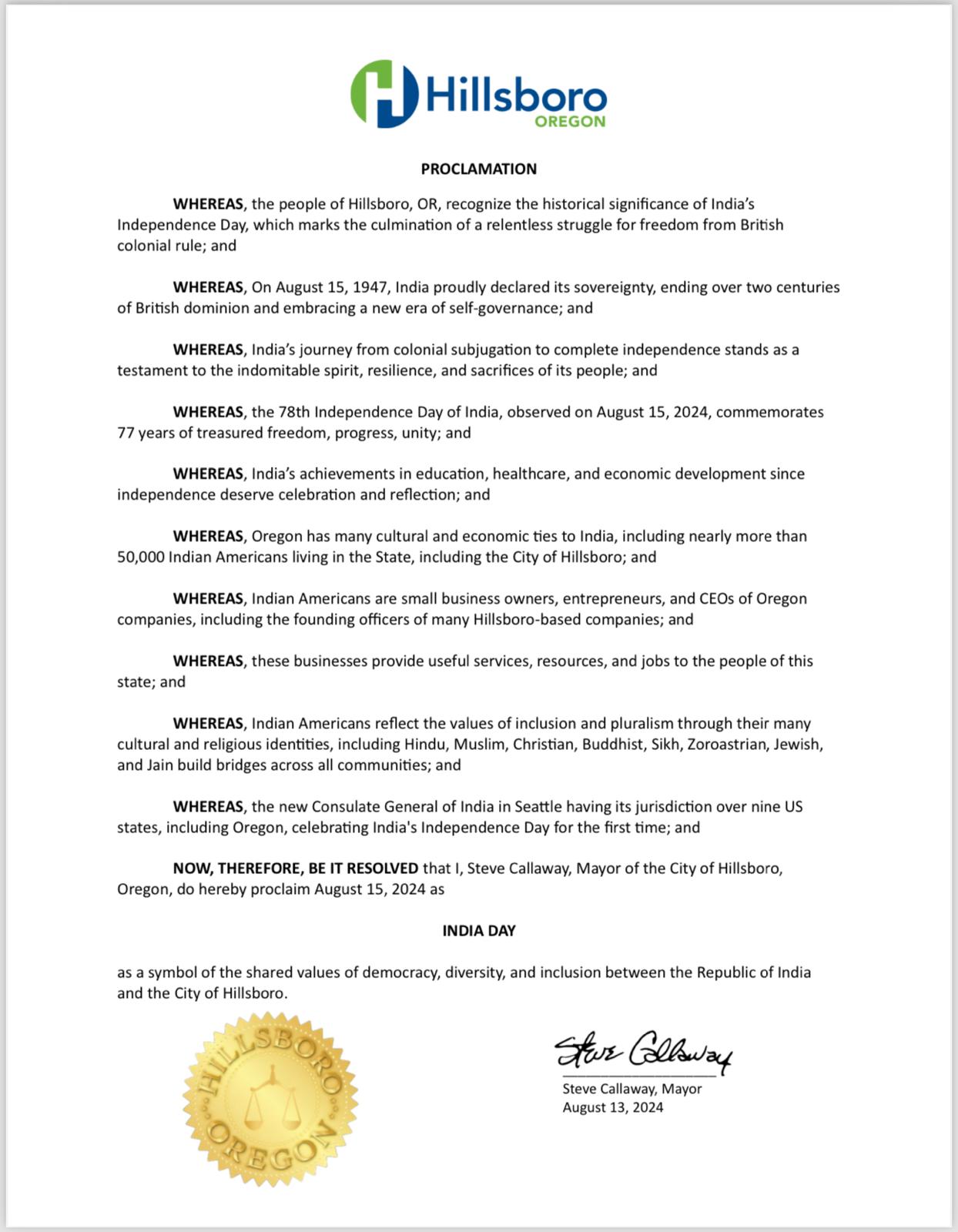 India Day (August 15, 2024, City of Hillsboro, Oregon)