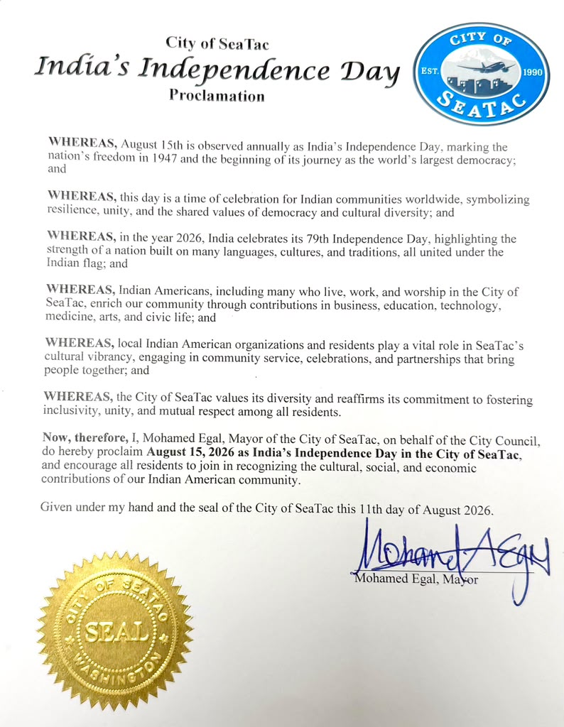 Proclamation Issued to Commemorate the 80th Independence Day of India as ‘India Day’– in City of SeaTac