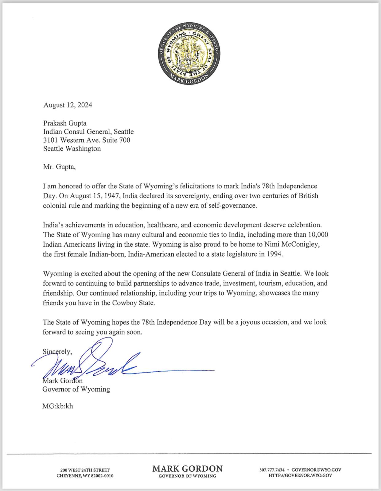 78th Independence Day of India (August 15, 2024, Wyoming Governor)