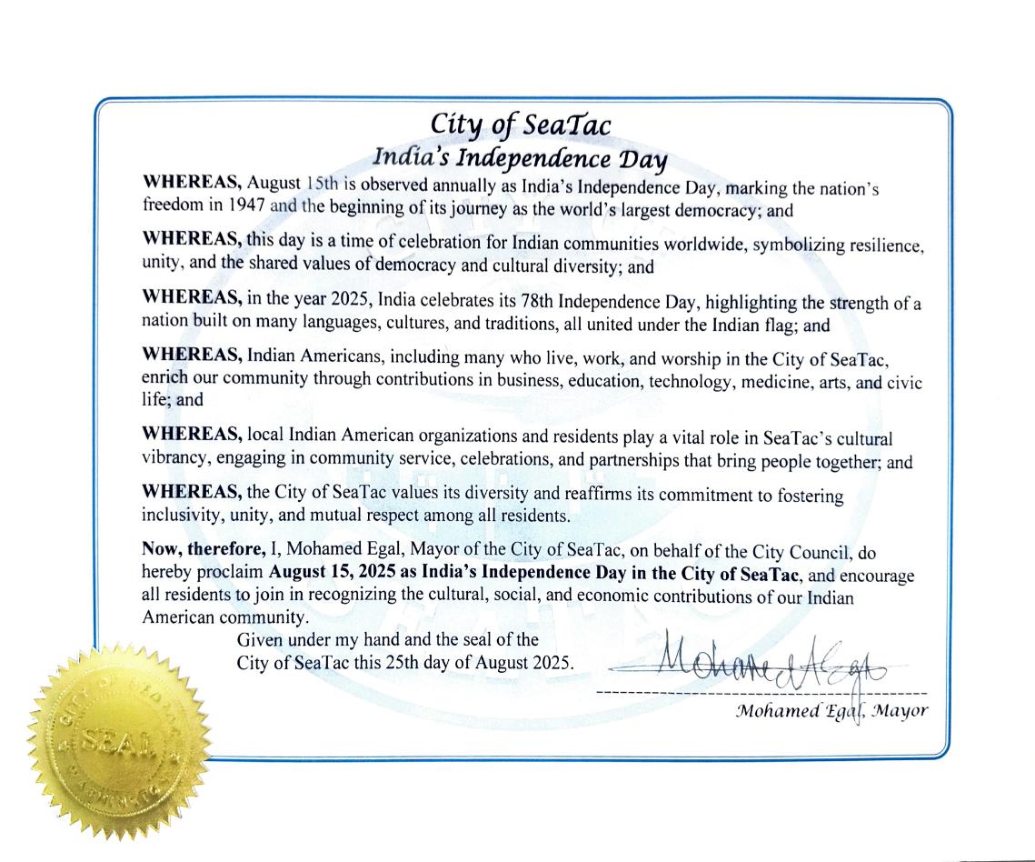 Proclamation Issued for Celebration of 79th Independence Day of India – 15th August 2025 in City of SeaTac