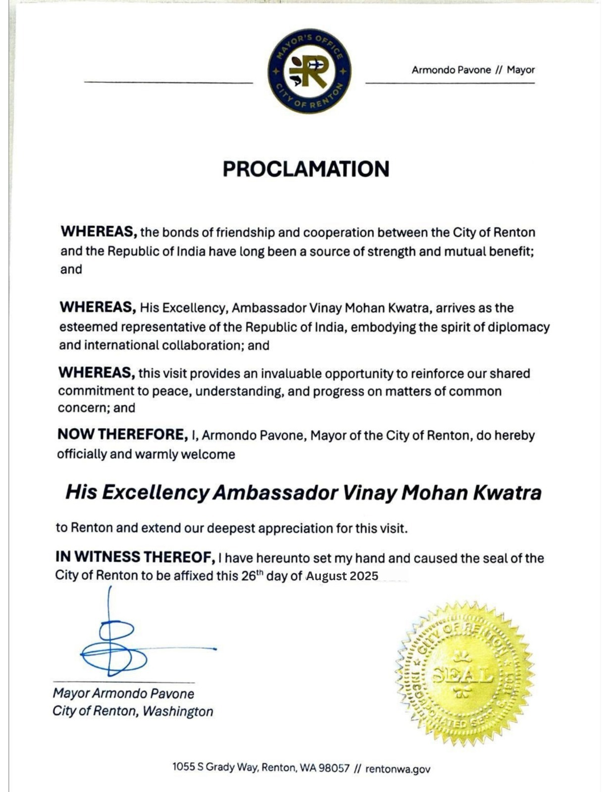Proclamation Issued for "His Excellency Ambassador Vinay Mohan Kwatra" – 26th August, City of Renton