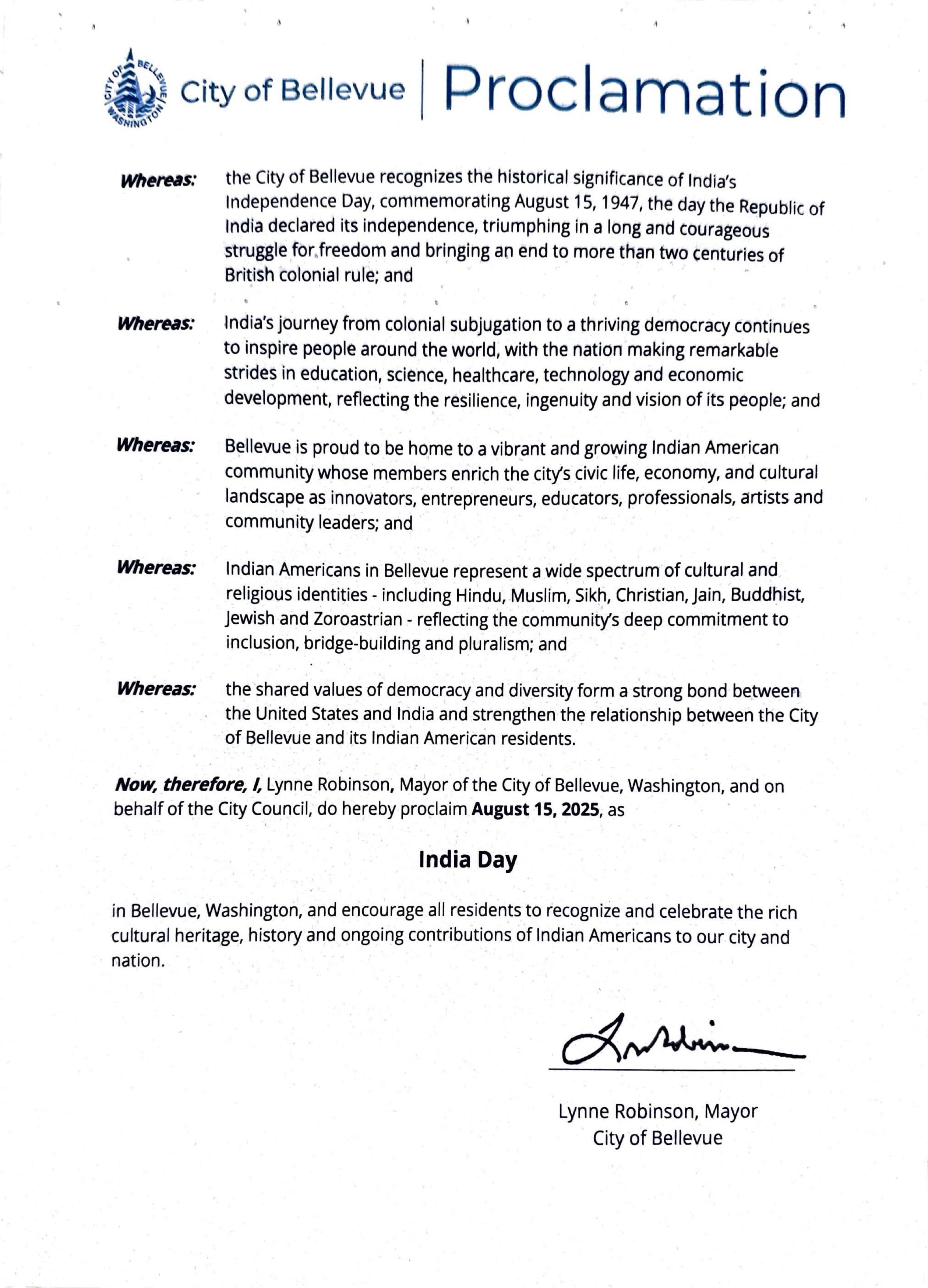 Proclamation Issued for Celebration of 79th Independence Day of India – 2025 in City of Bellevue