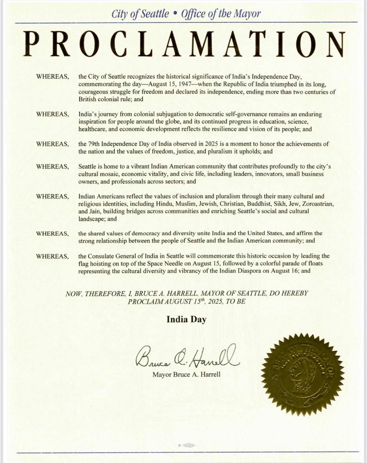 Proclamation Issued for Celebration of 79th Independence Day of India – 2025 in City of Seattle