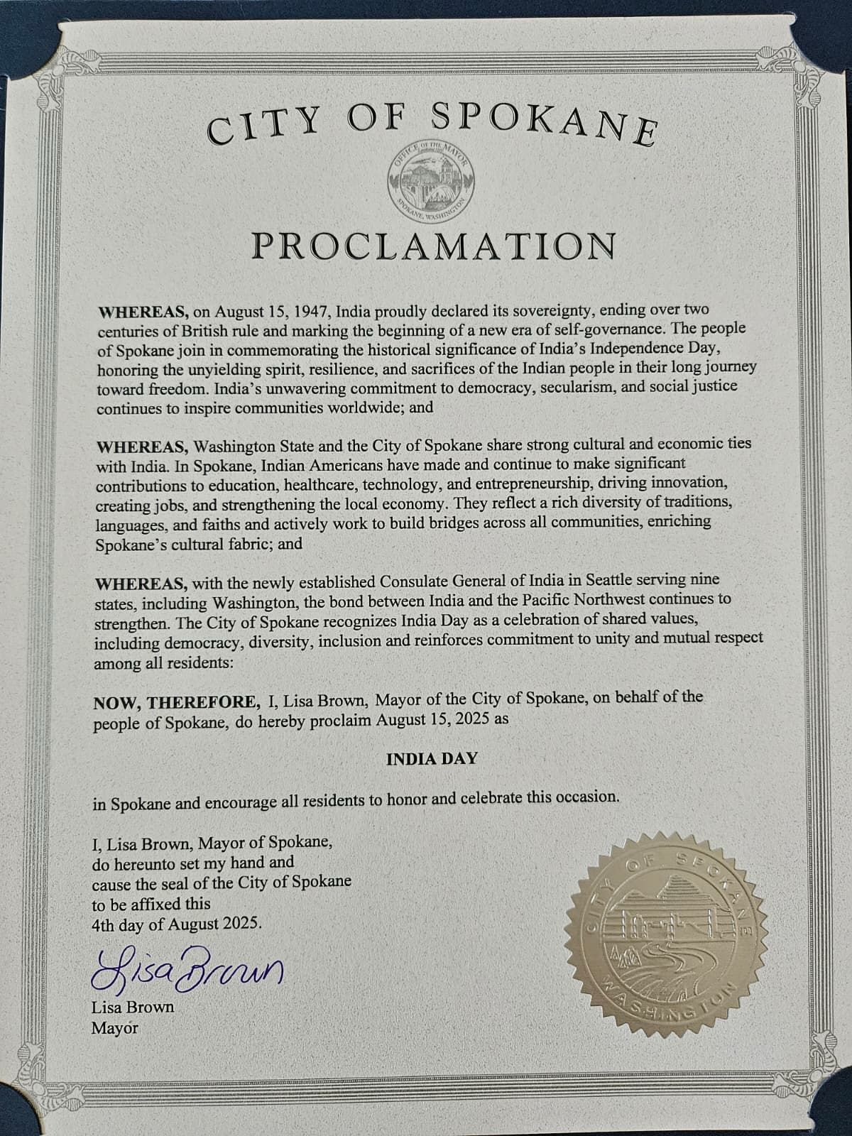 Proclamation Issued for Celebration of 79th Independence Day of India – 2025 in City of Spokane