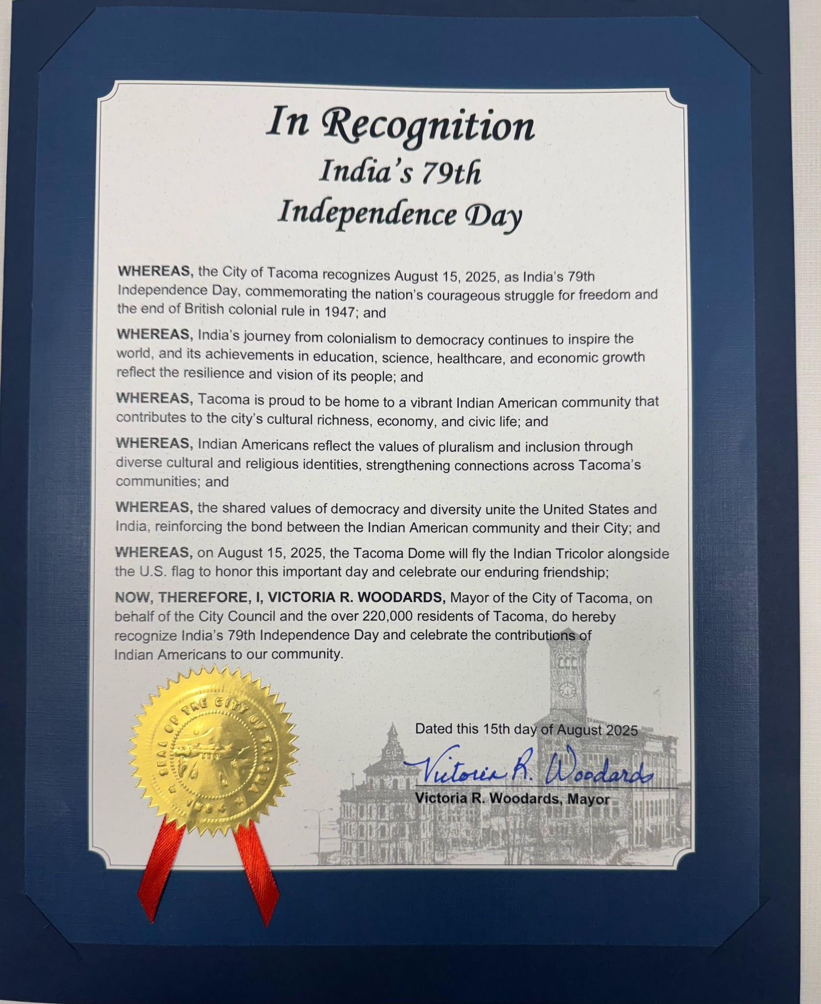 Proclamation Issued for Celebration of 79th Independence Day of India – 2025 in City of Tacoma