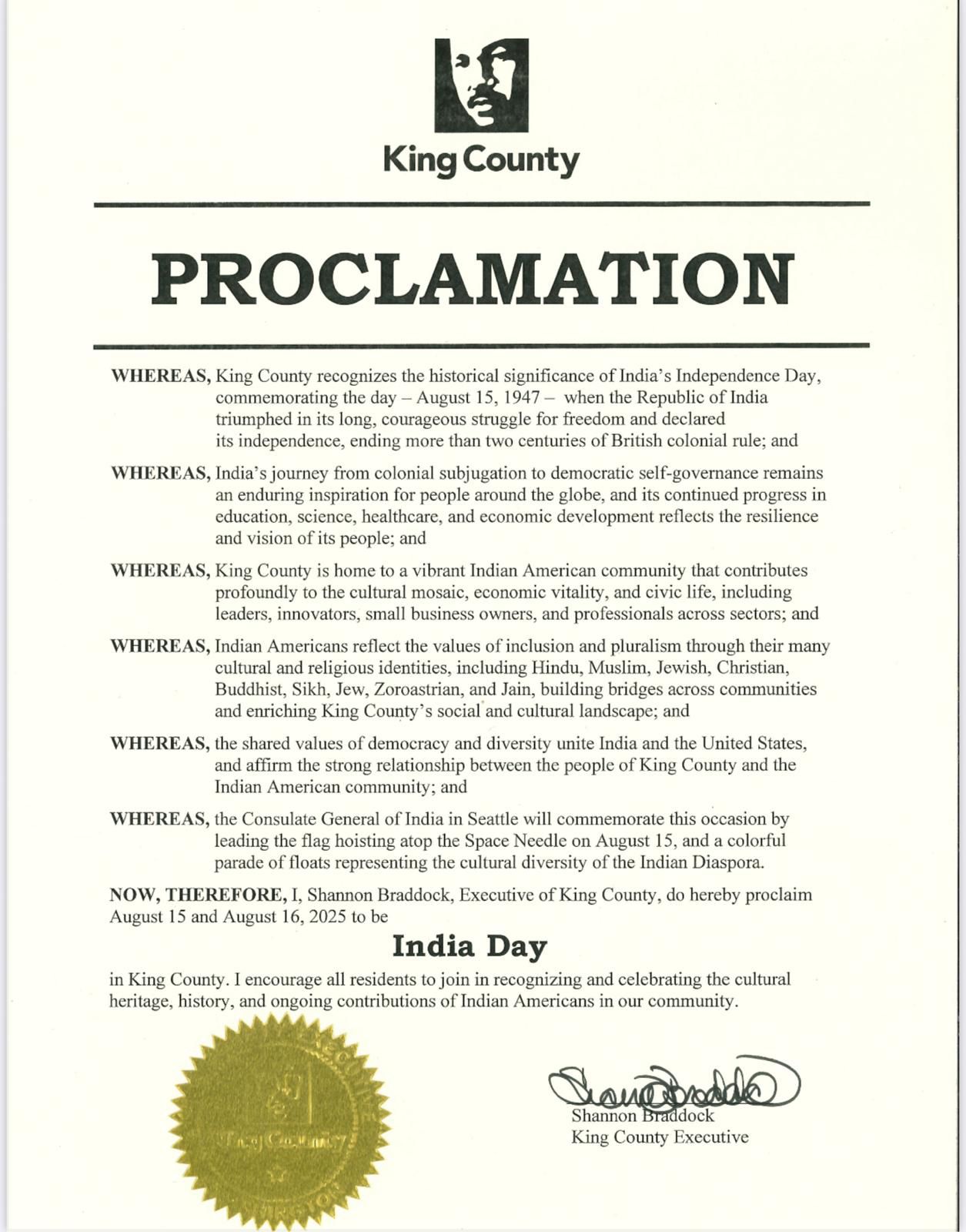 Proclamation Issued for Celebration of 79th Independence Day of India – 2025 in King County