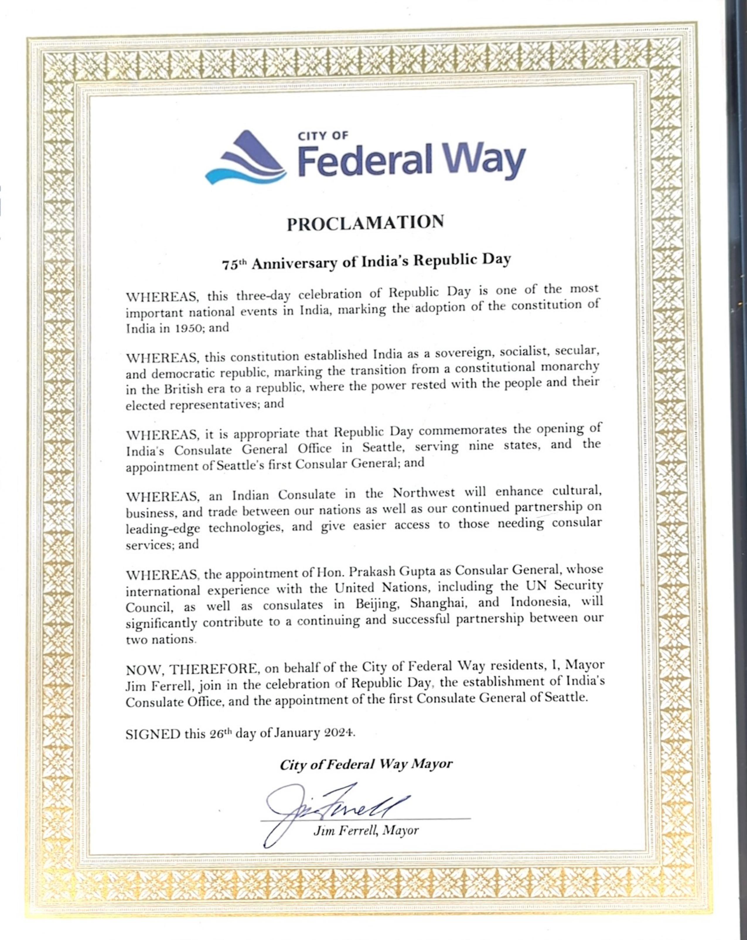 75th Anniversary of India Republic Day (January 26, 2024, City of Federal Way)