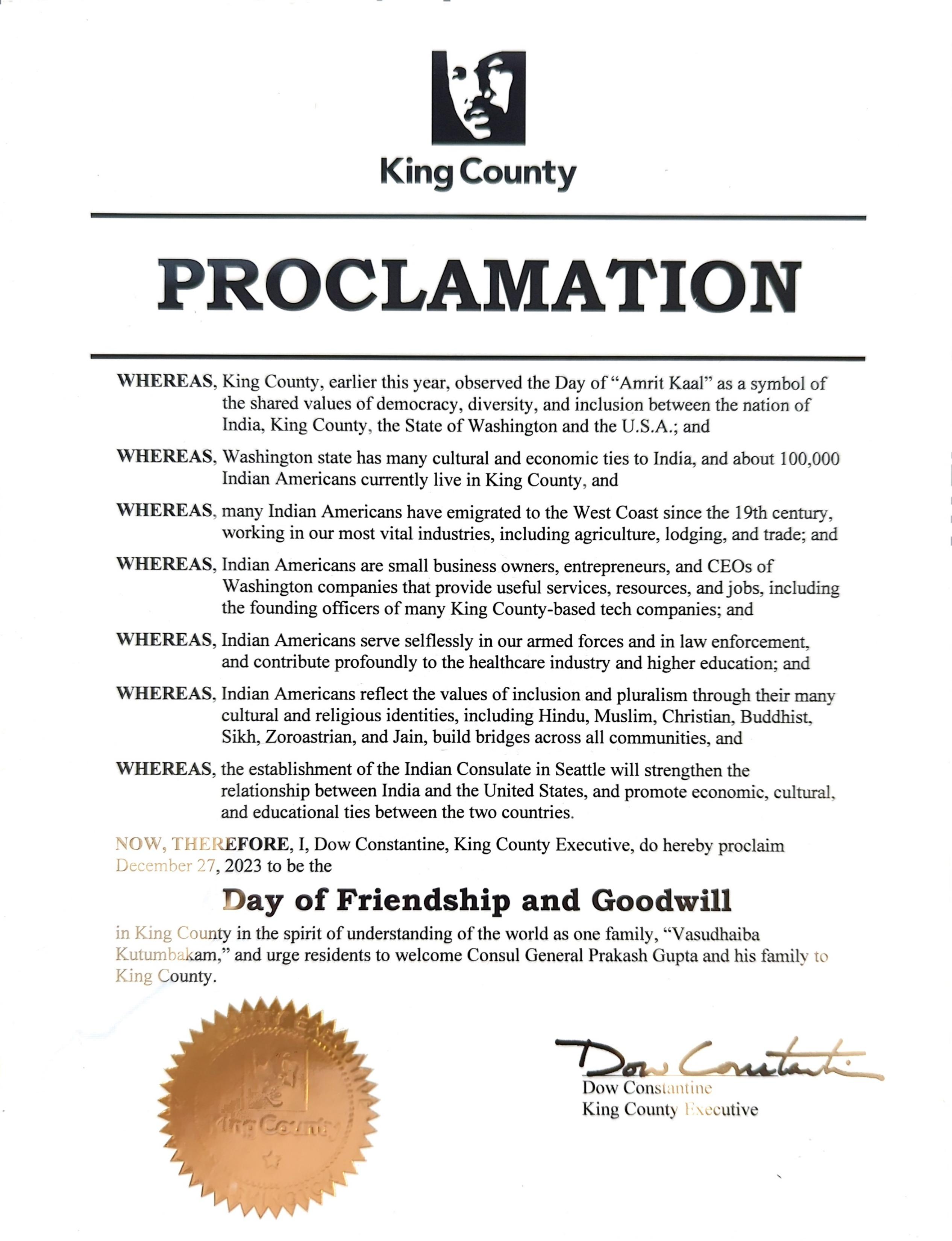 Day of Friendship and Goodwill (December 27, 2023, King County)