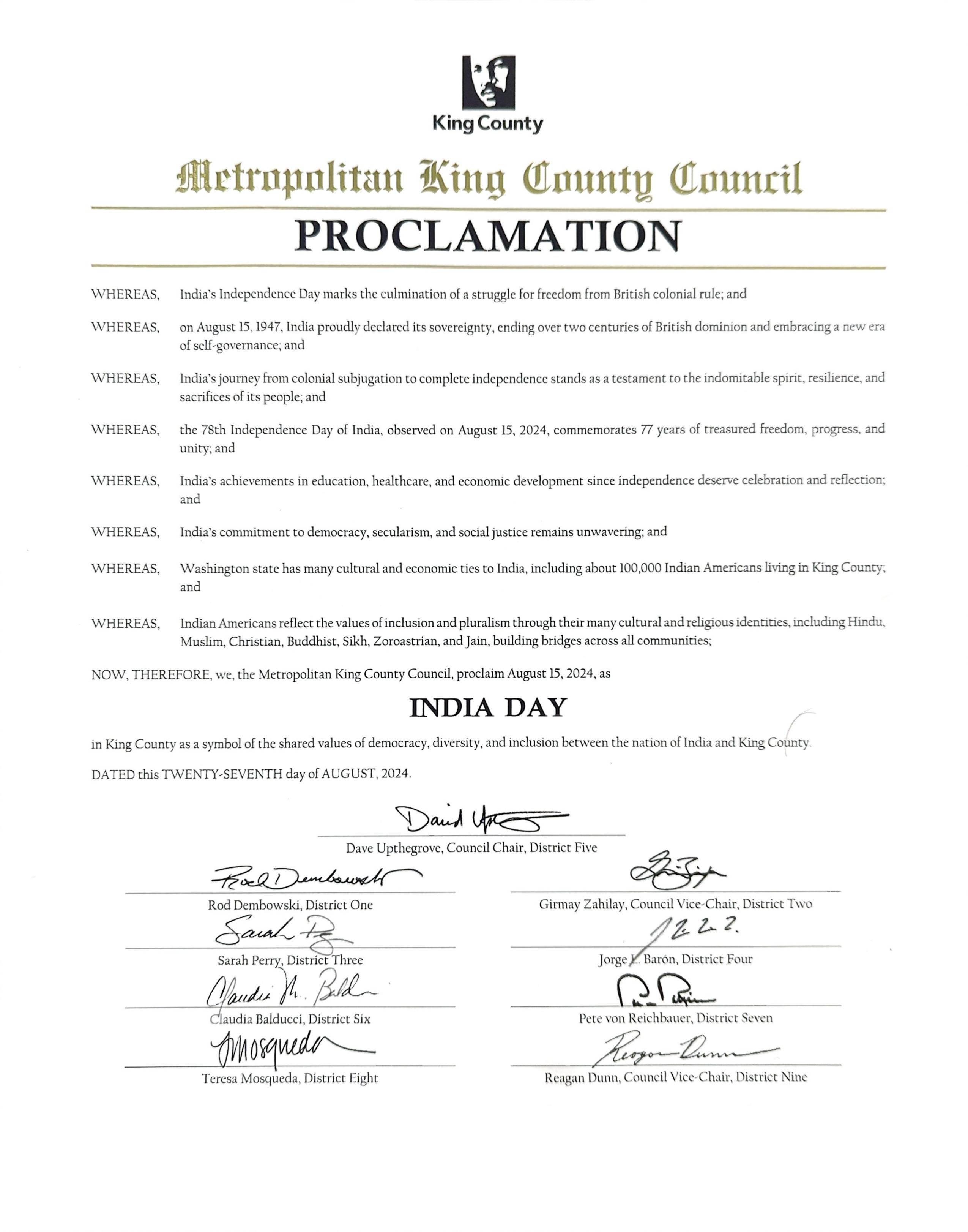 India Day (August 15, 2024, King County Council)