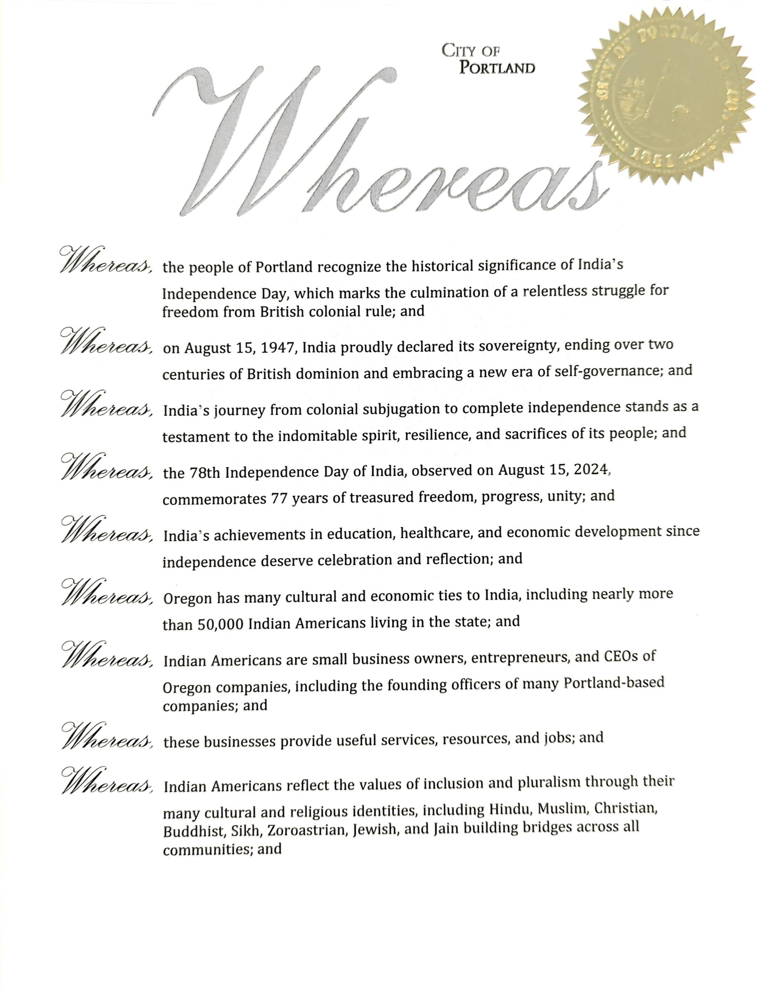 India Day (August 15, 2024, City of Portland)