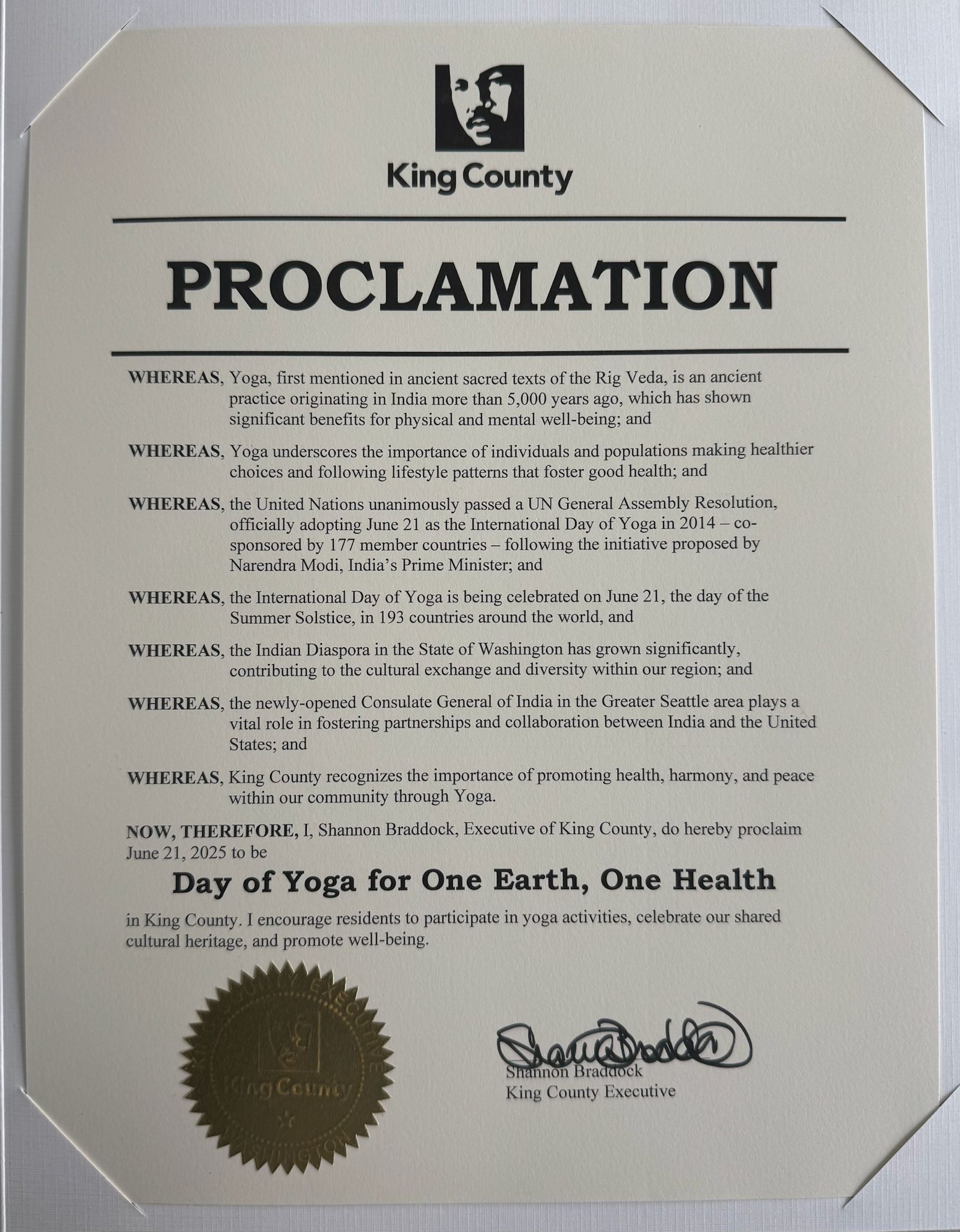 Proclamation Issued for Celebration of 11th IDY - 2025 in King County