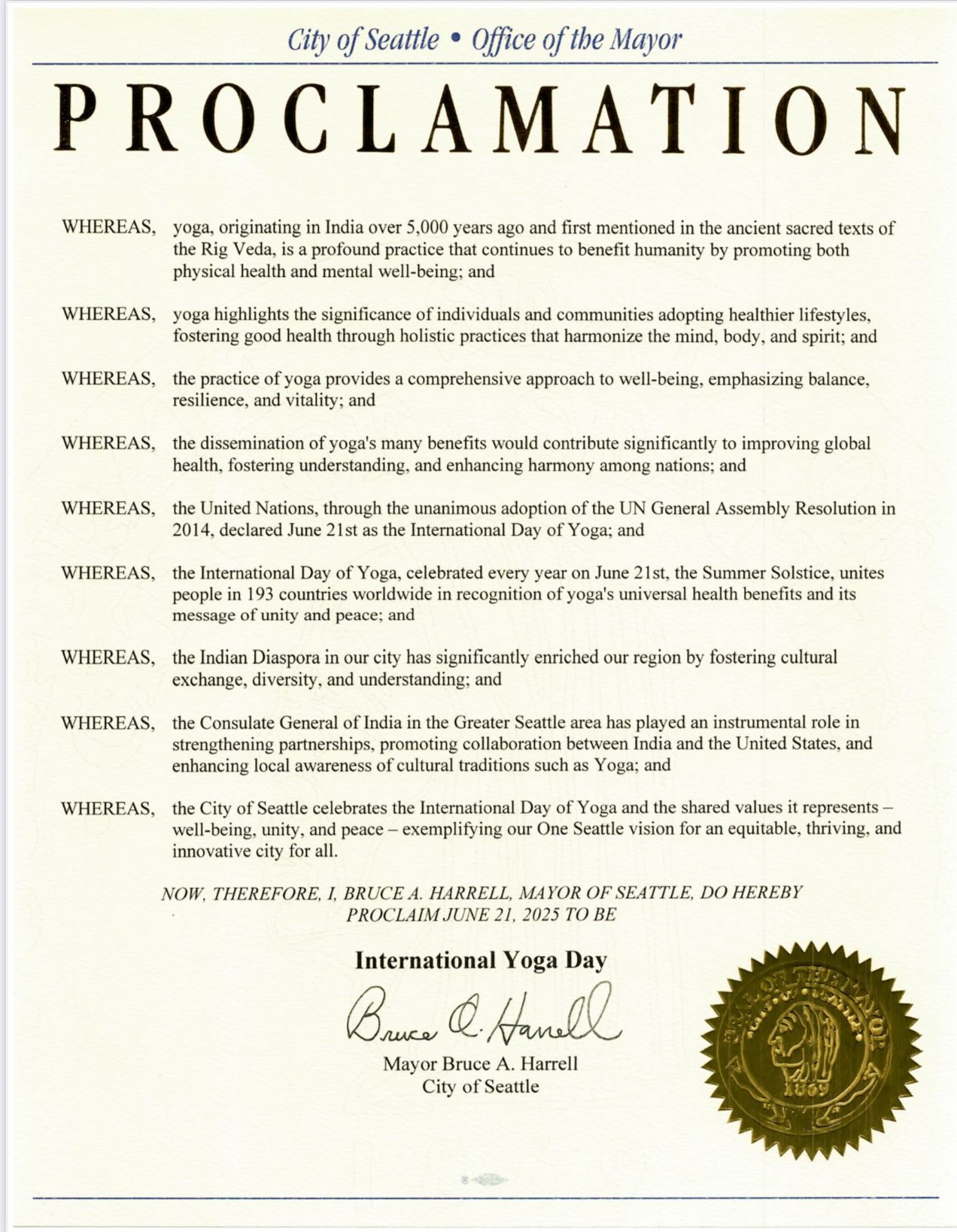 Proclamation Issued for Celebration of 11th IDY - 2025 in City of Seattle