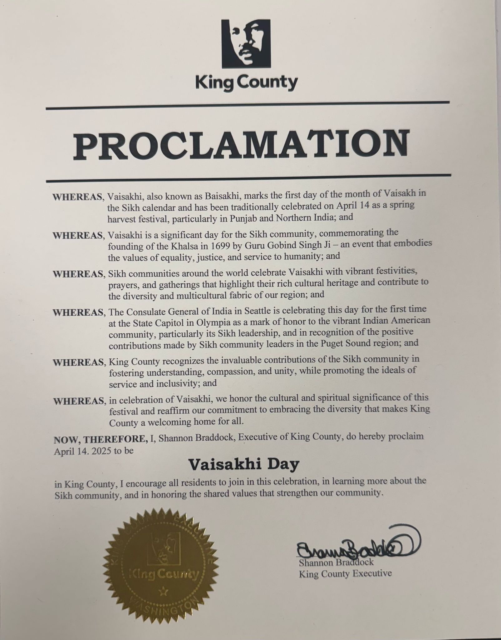 Vaisakhi Day (April 14, 2025, King County)