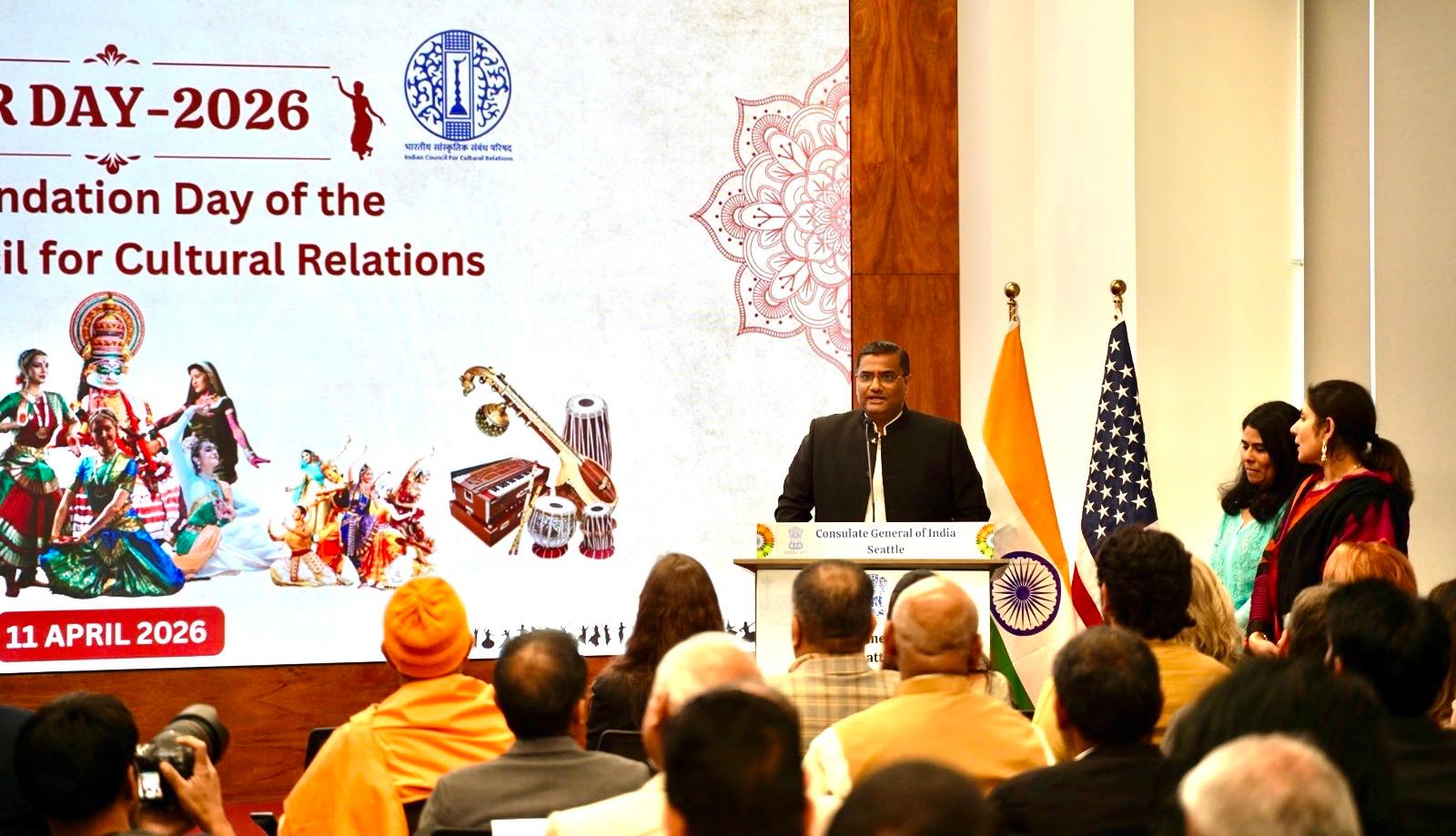  Consul General delivering welcome remarks at ICCR Day celebrations (11 April 2026, Seattle)