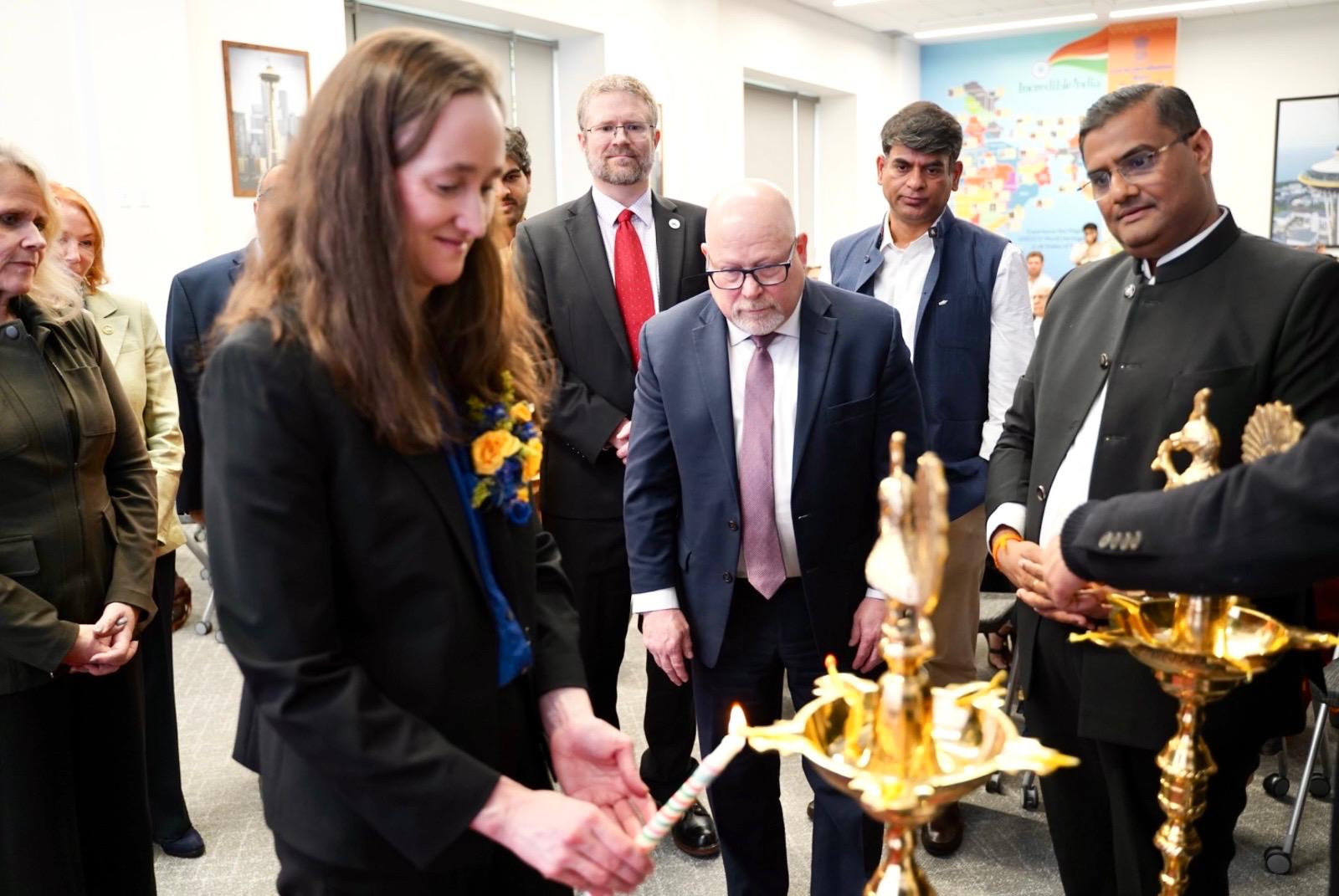  Mayor of Seattle Katie Wilson lighting the ceremonial lamp at ICCR Day celebrations (11 April 2026, Seattle)

