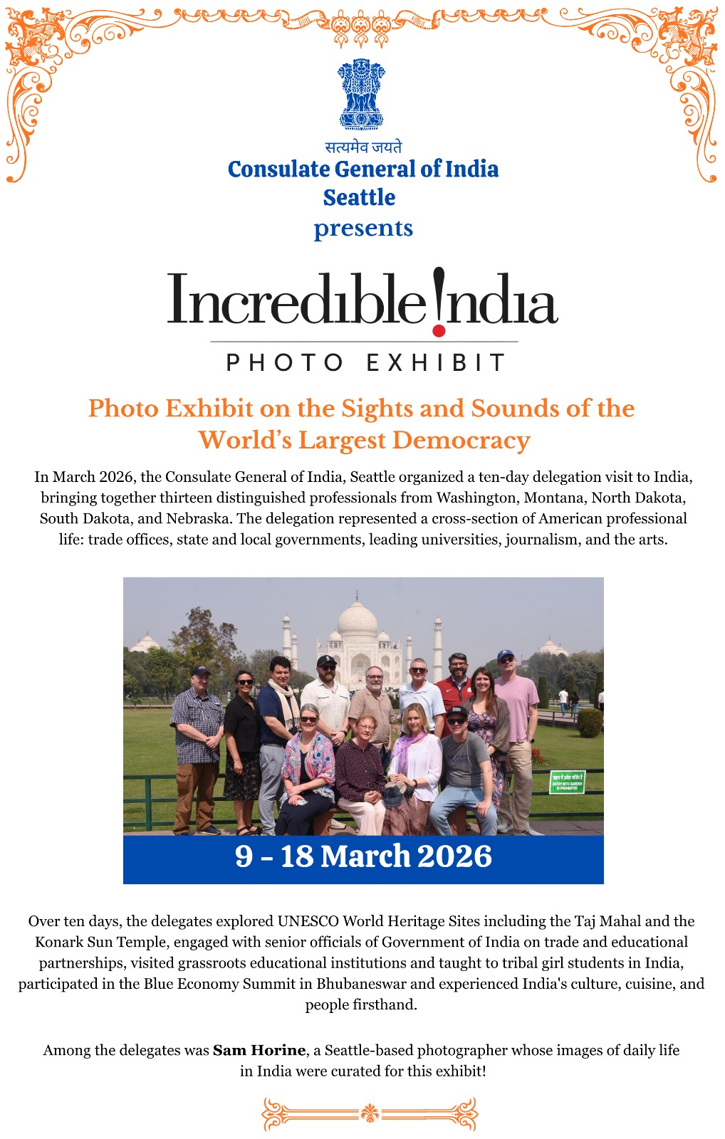  “Glimpses of Incredible India”  Photo Exhibit  inaugurated in Seattle!
