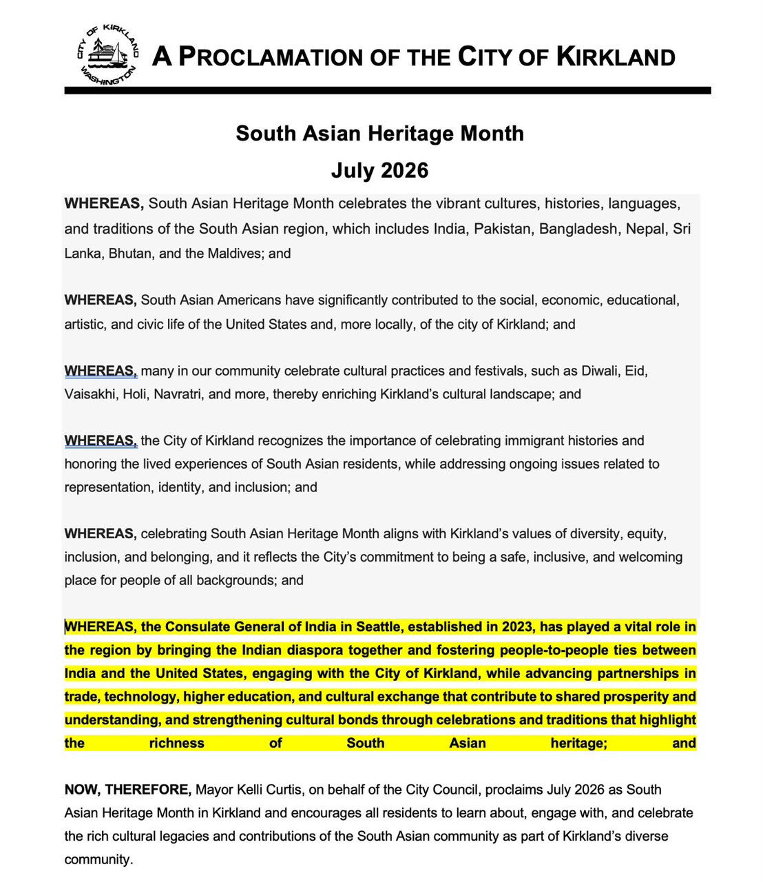  South Asian Heritage Month Proclamation issued by Kirkland City Council