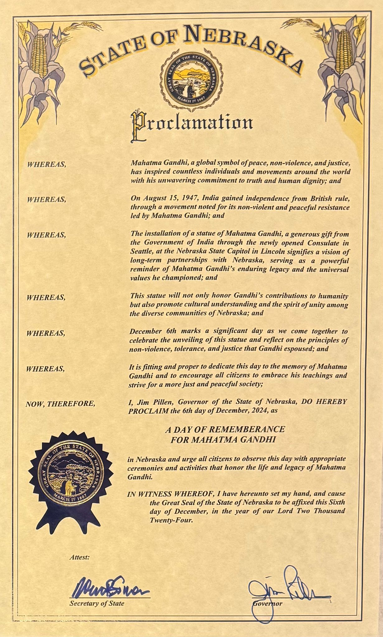 Day of Remembrance for Mahatma Gandhi  (December 6, 2024, the State of Nebraska)