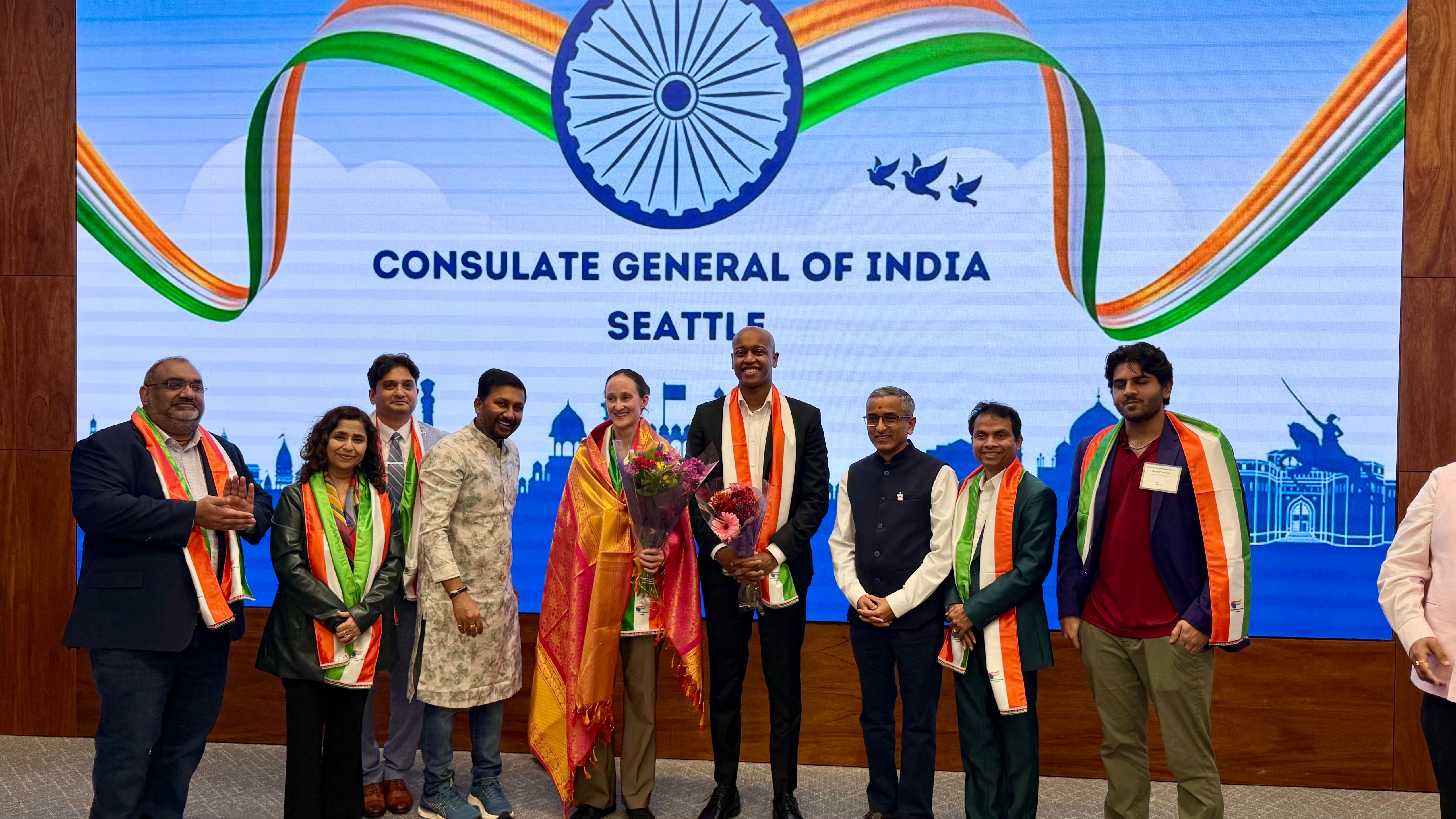  Indian American community leaders felicitating Seattle Mayor-elect Katie Wilson & King County Executive-elect Girmay Zahilay (16 November 2025, CGI Seattle)