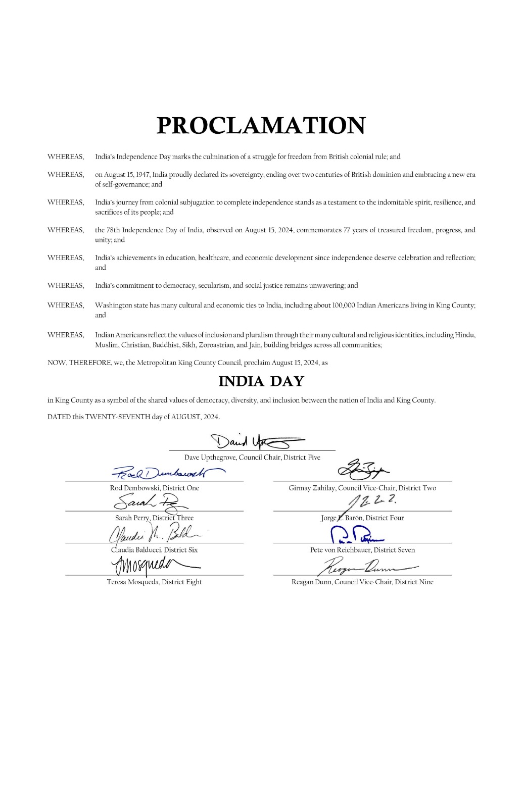  India Day Proclamation issued by Metropolitan King County Council, Washington (27 August 2024, Seattle)
