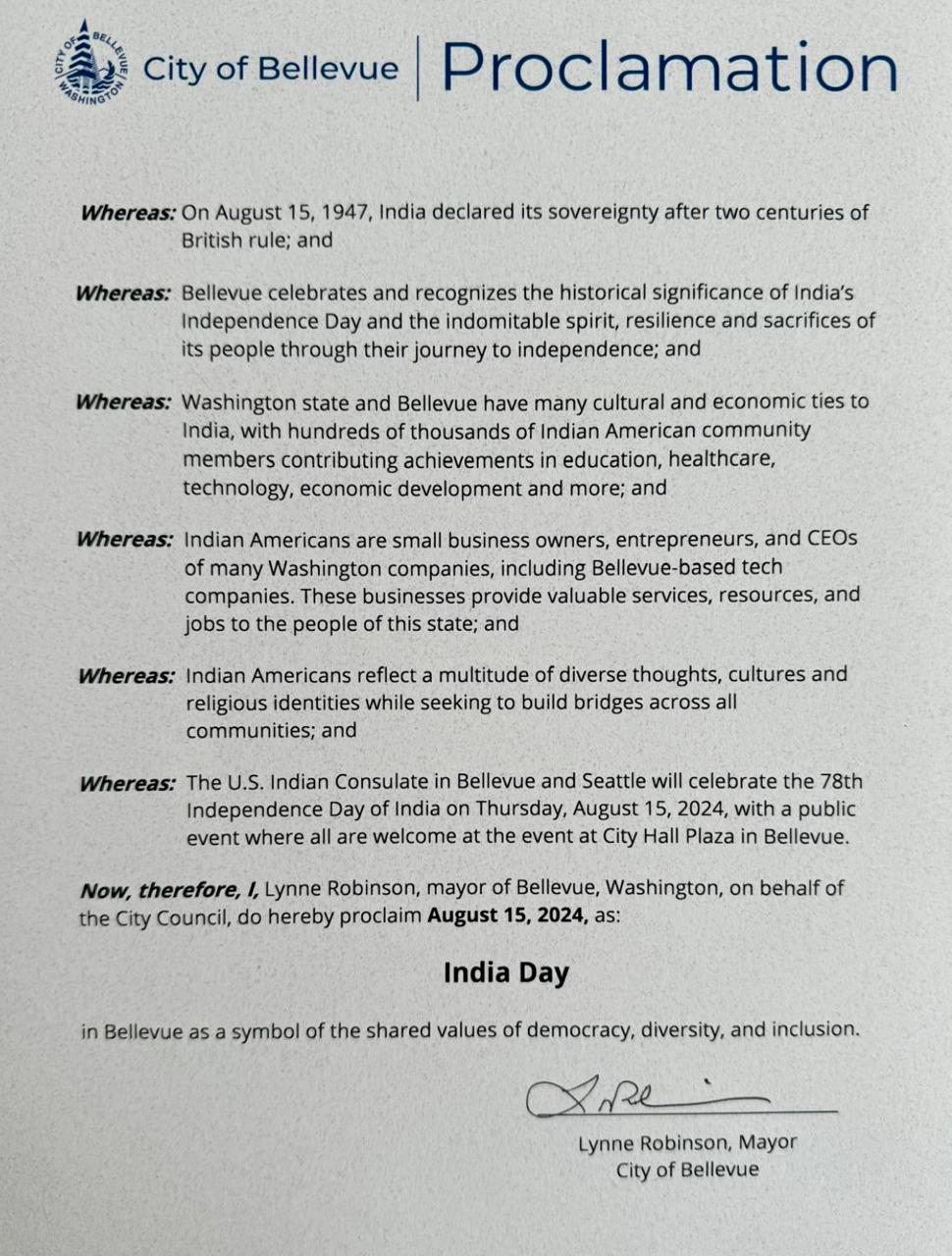  City of Bellevue issues Proclamation in honour of India's 78th Independence Day (6 August 2024, Bellevue)