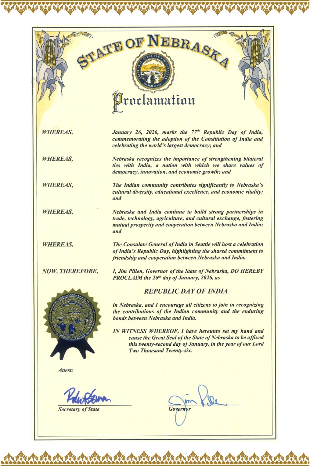 Proclamation issued in honor of 77th Republic Day of India (26 January 2026, the State of Nebraska)