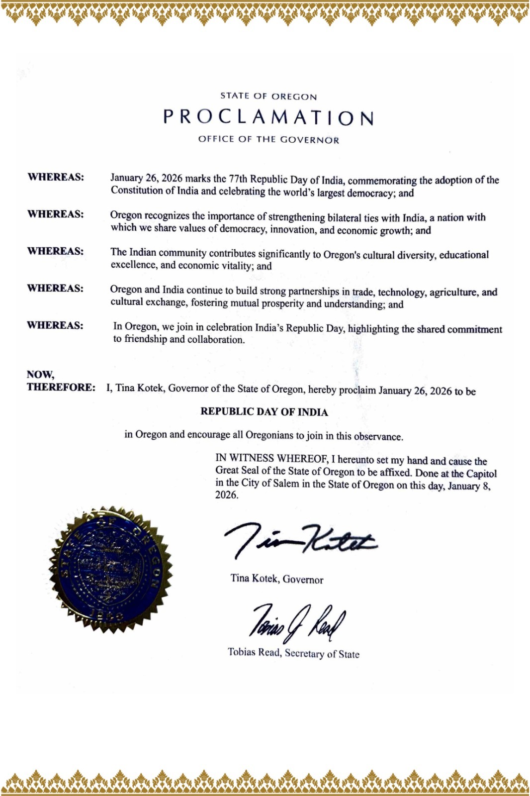 Proclamation issued in honor of 77th Republic Day of India (26 January 2026, the State of Oregon)