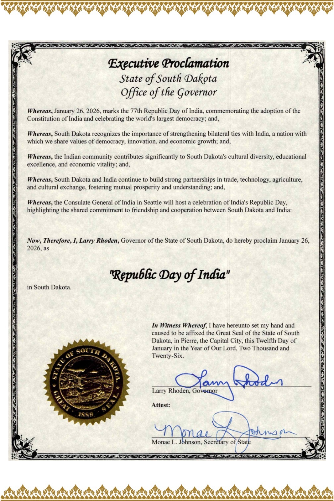 Proclamation issued in honor of 77th Republic Day of India (26 January 2026, the State of South Dakota)