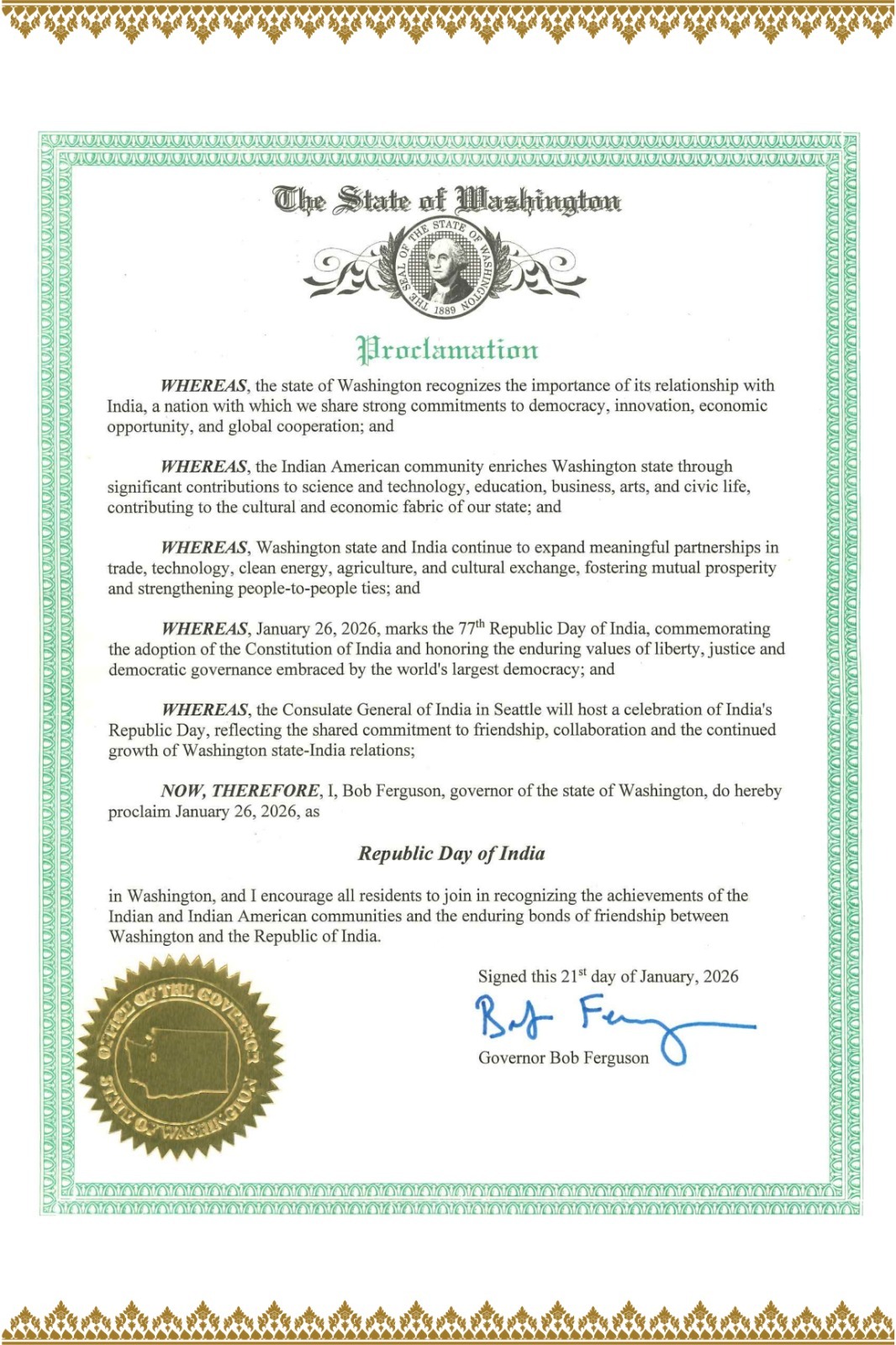 Proclamation issued in honor of 77th Republic Day of India (26 January 2026, the State of Washington)